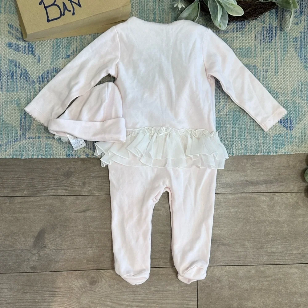 New Miniclasix Baby Girl Elegant Footed Coverall & Hat Set Tulle Floral Ruffles